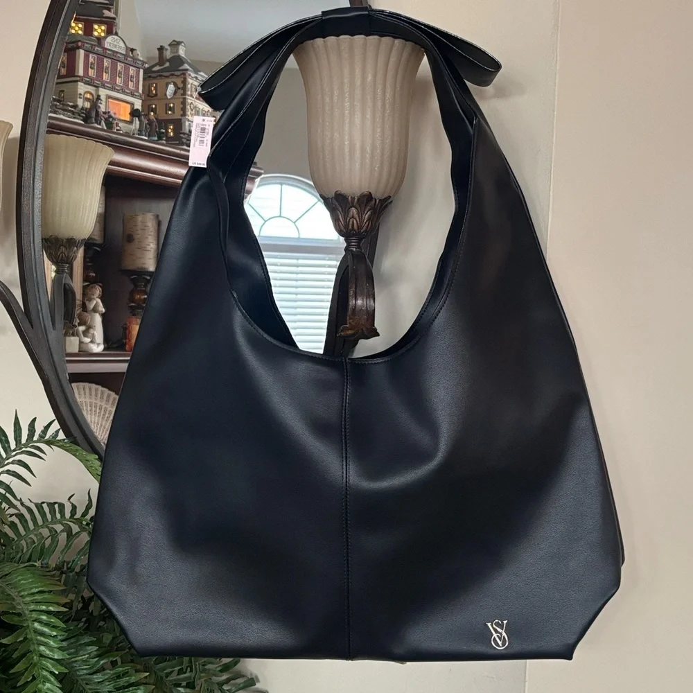 Brand New Victoria's Secret Black Faux Leather Hobo Slouchy Shoulder Bag Bow